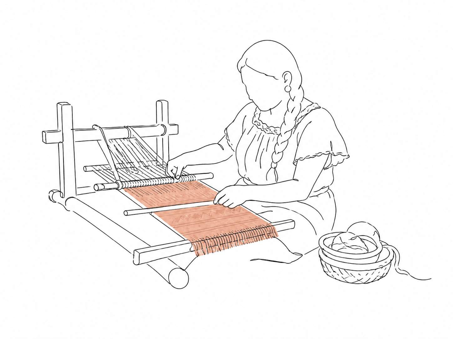 Ilustración lineal de una textilera trabajando en telar