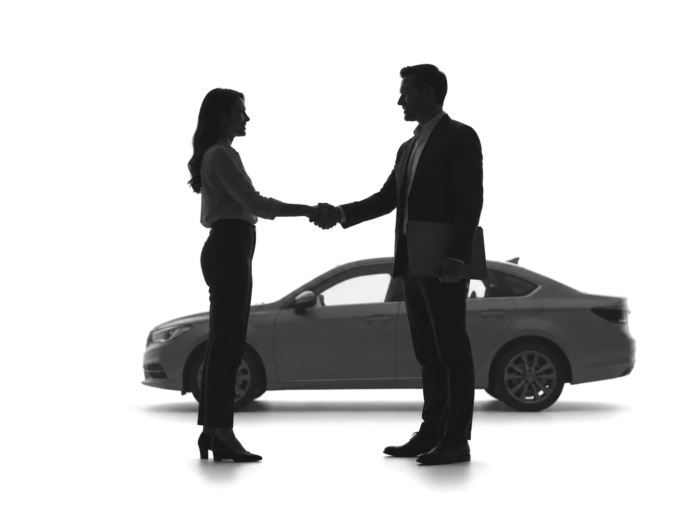Silueta de dos personas dándose la mano frente a un auto